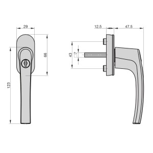 Technische Zeichnung: Silberner, abschließbarer Basi Fenstergriff FG 503 mit Maßen für Montage und Einbau.